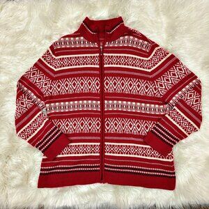 Red Fair Isle Nordic Zip Up Sweater Mock Neck Cabin Cozy Core Après Ski Scandi